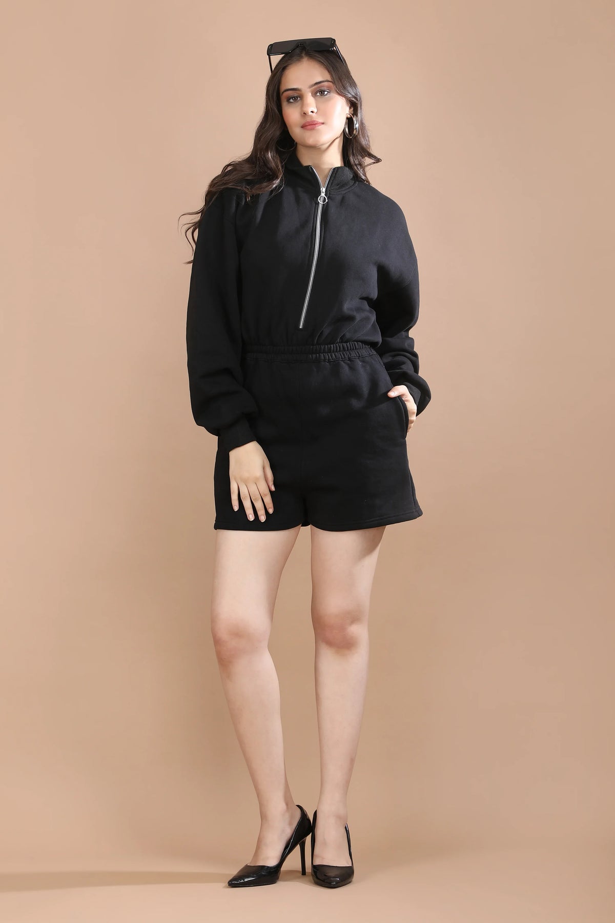 Shadow State Romper black fleece romper – front view
