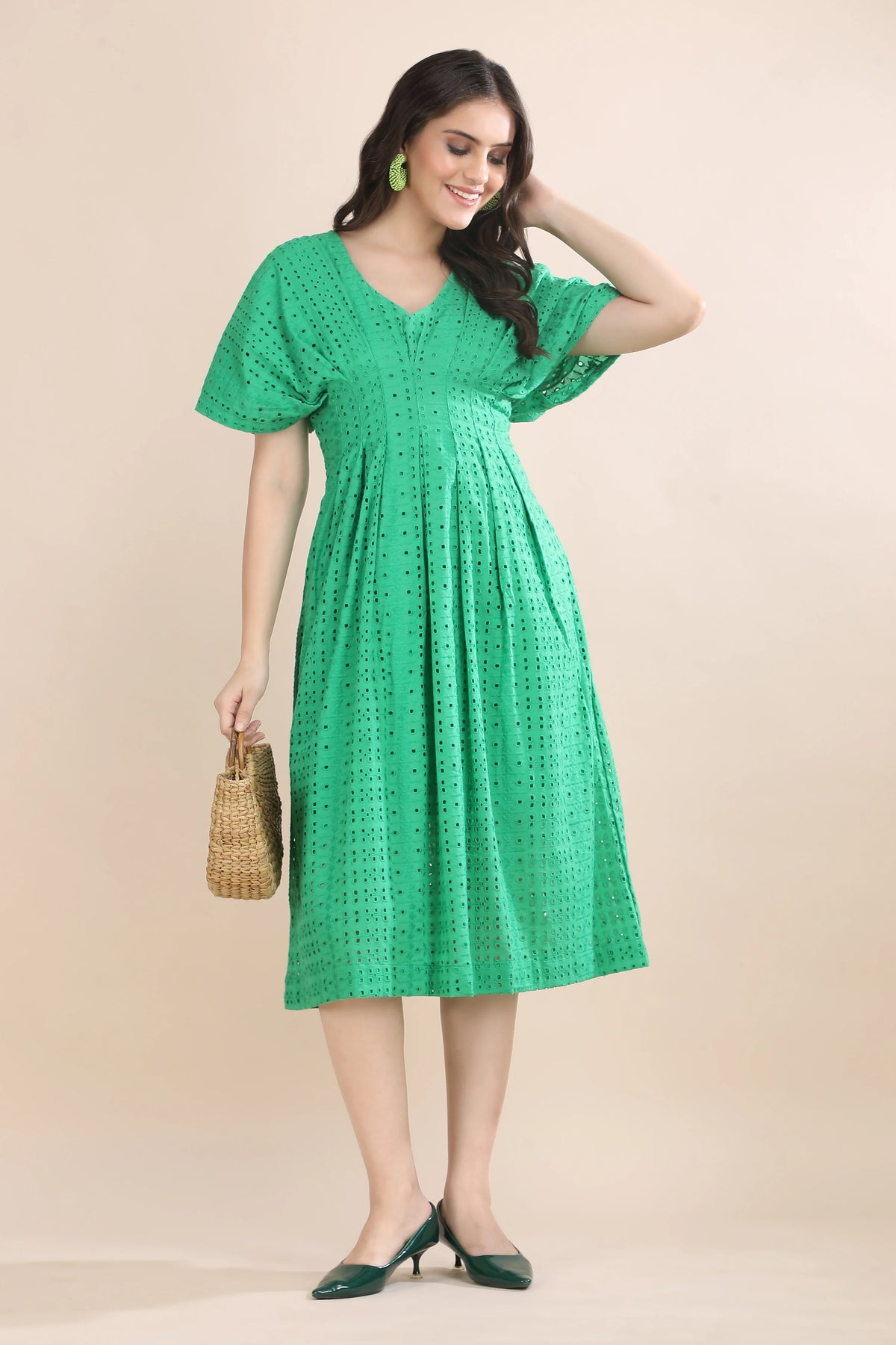 Whisper of Schiffli green Schiffli dress – styled look