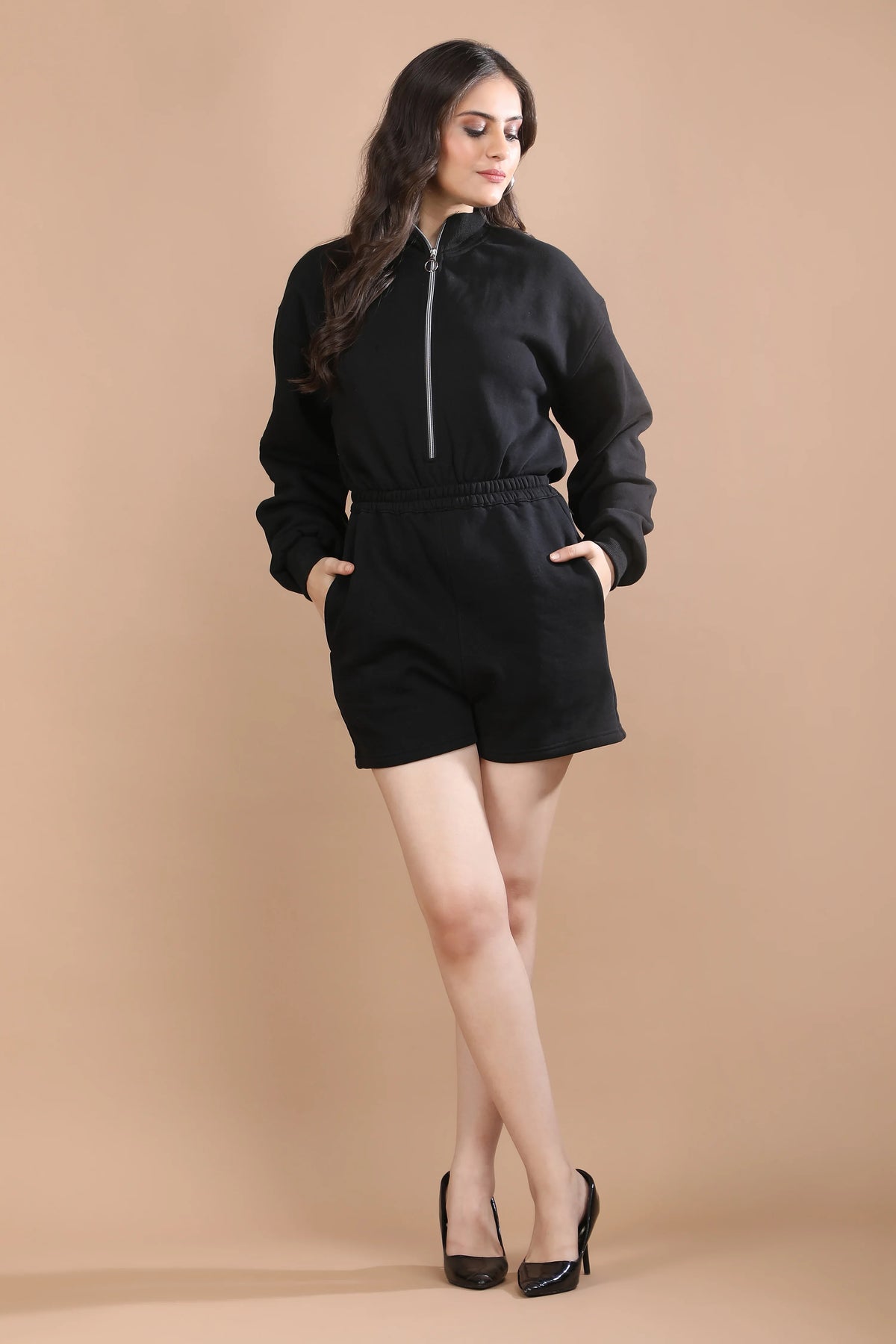 Shadow State Romper black fleece romper – angled front view