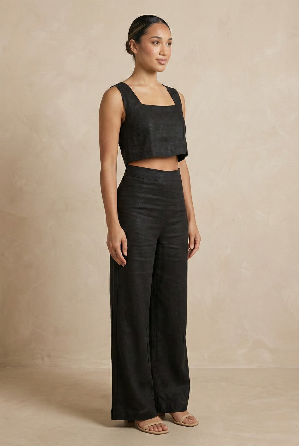 Black linen co-ord set for women angled front view