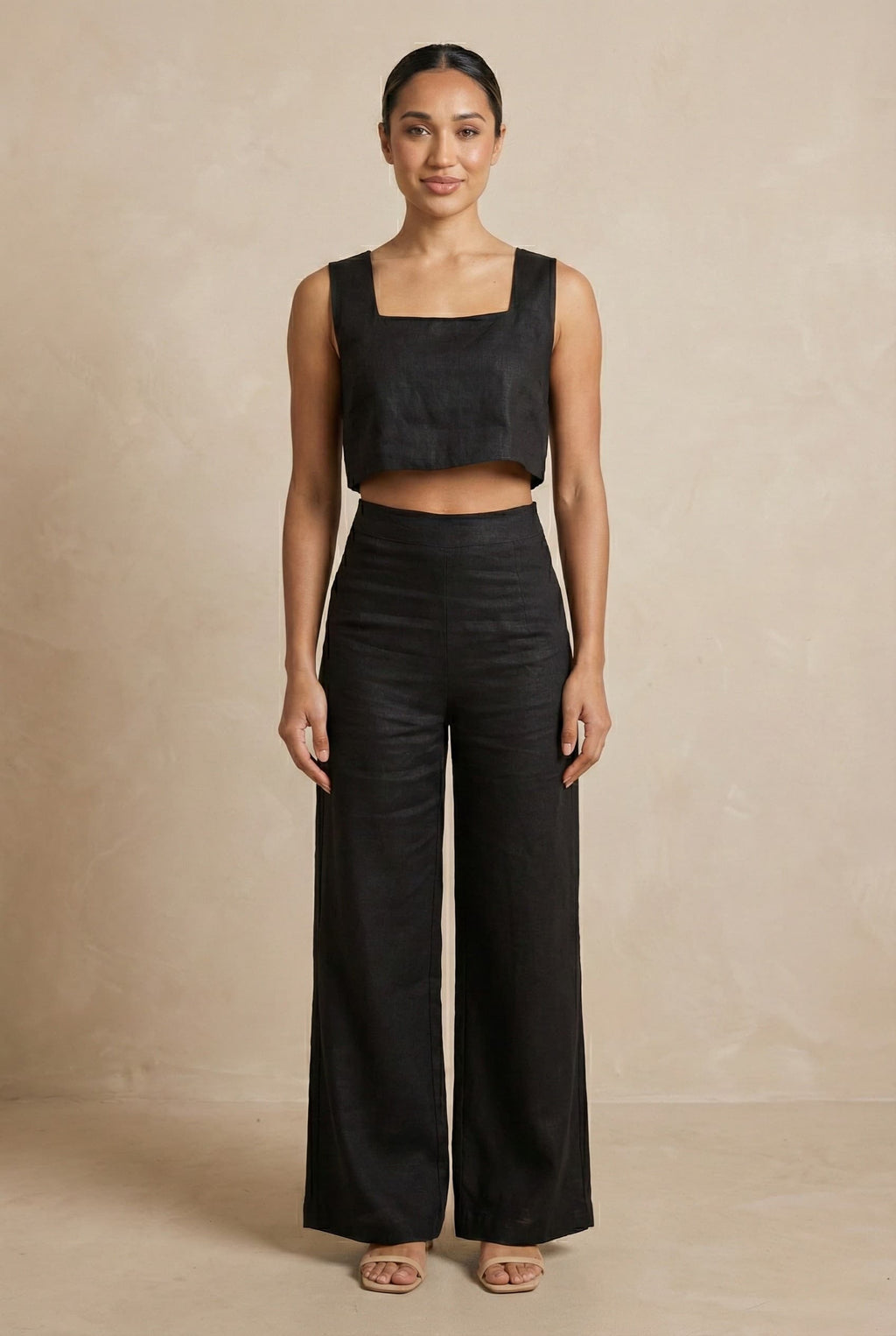 Black linen co-ord set for women relaxed front view