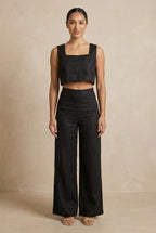 Black linen co-ord set for women relaxed front view