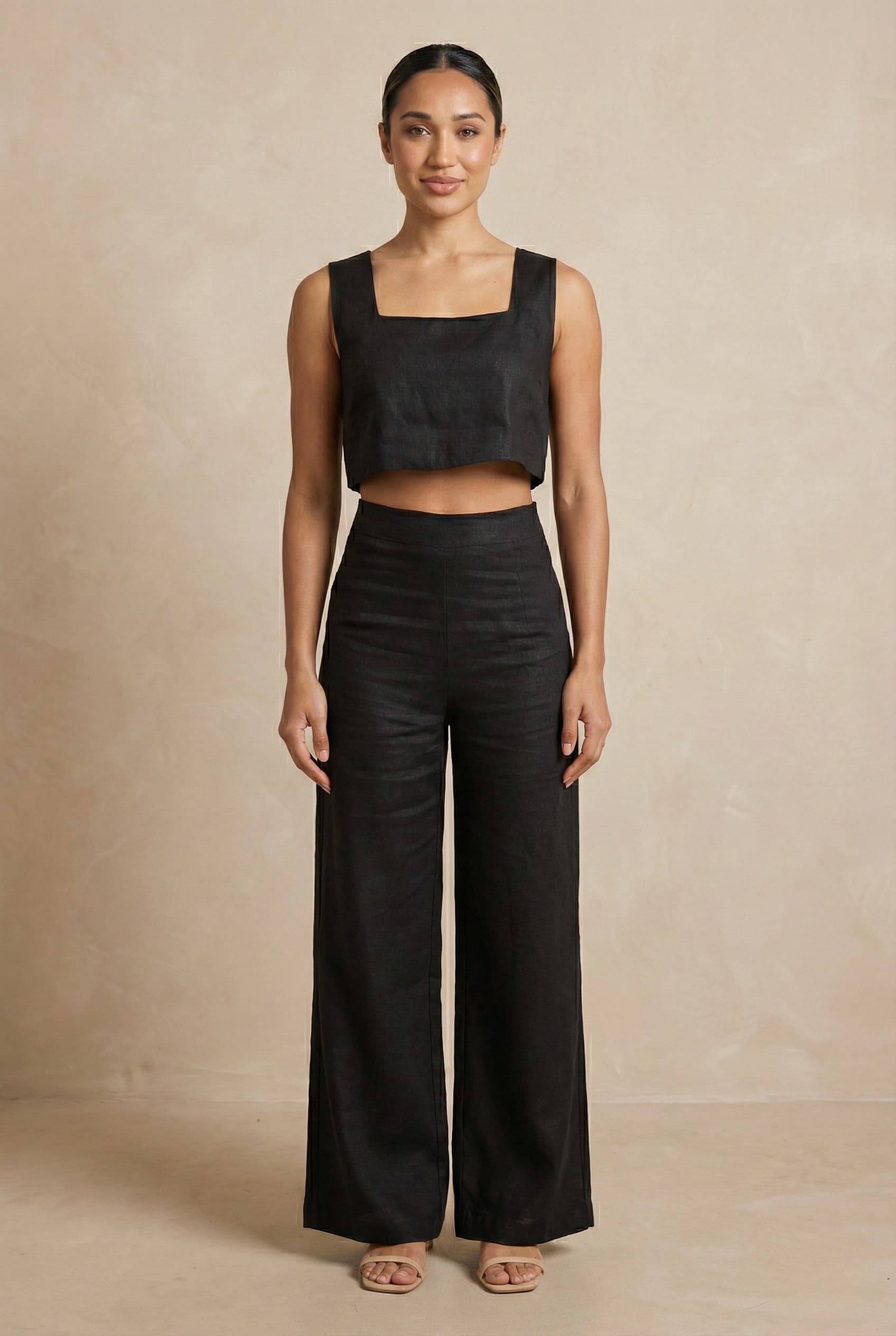 Black linen co-ord set for women relaxed front view