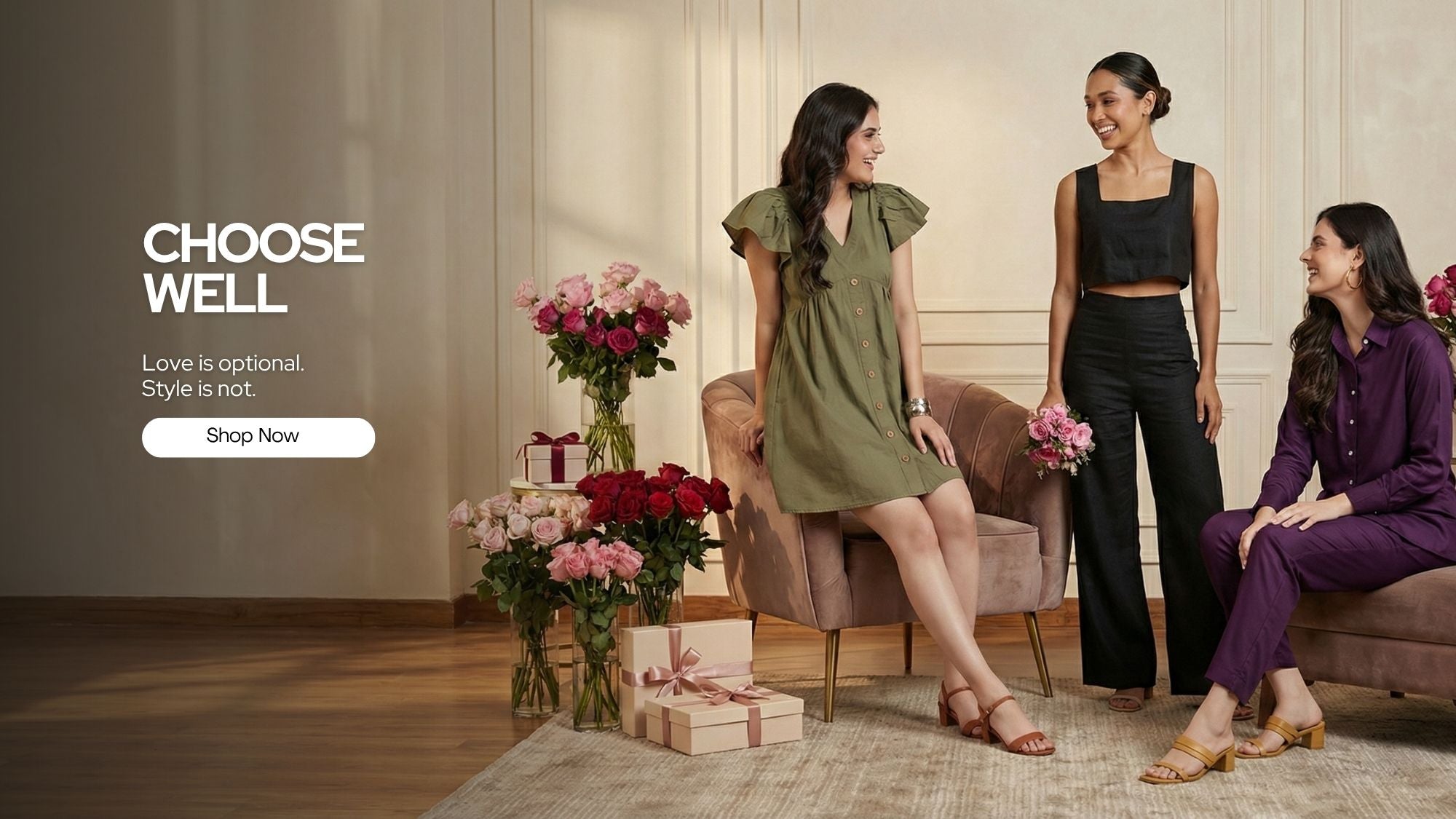 Three women in stylish outfits sitting in a room with flowers and gift boxes, promoting a Guilt & Class brand.