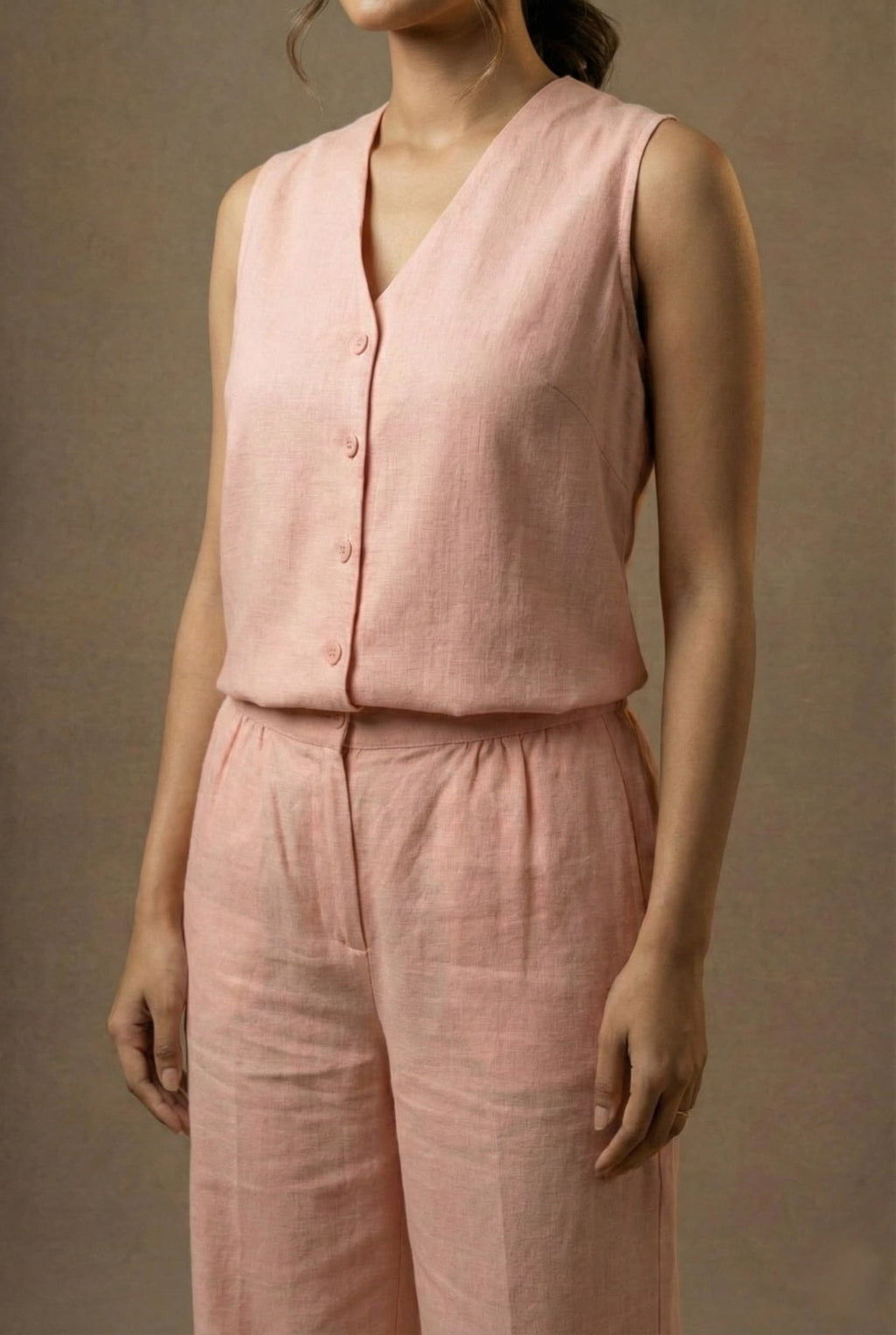 English Rose linen co-ord set for women close up side view
