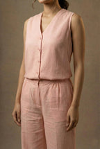 English Rose linen co-ord set for women close up side view
