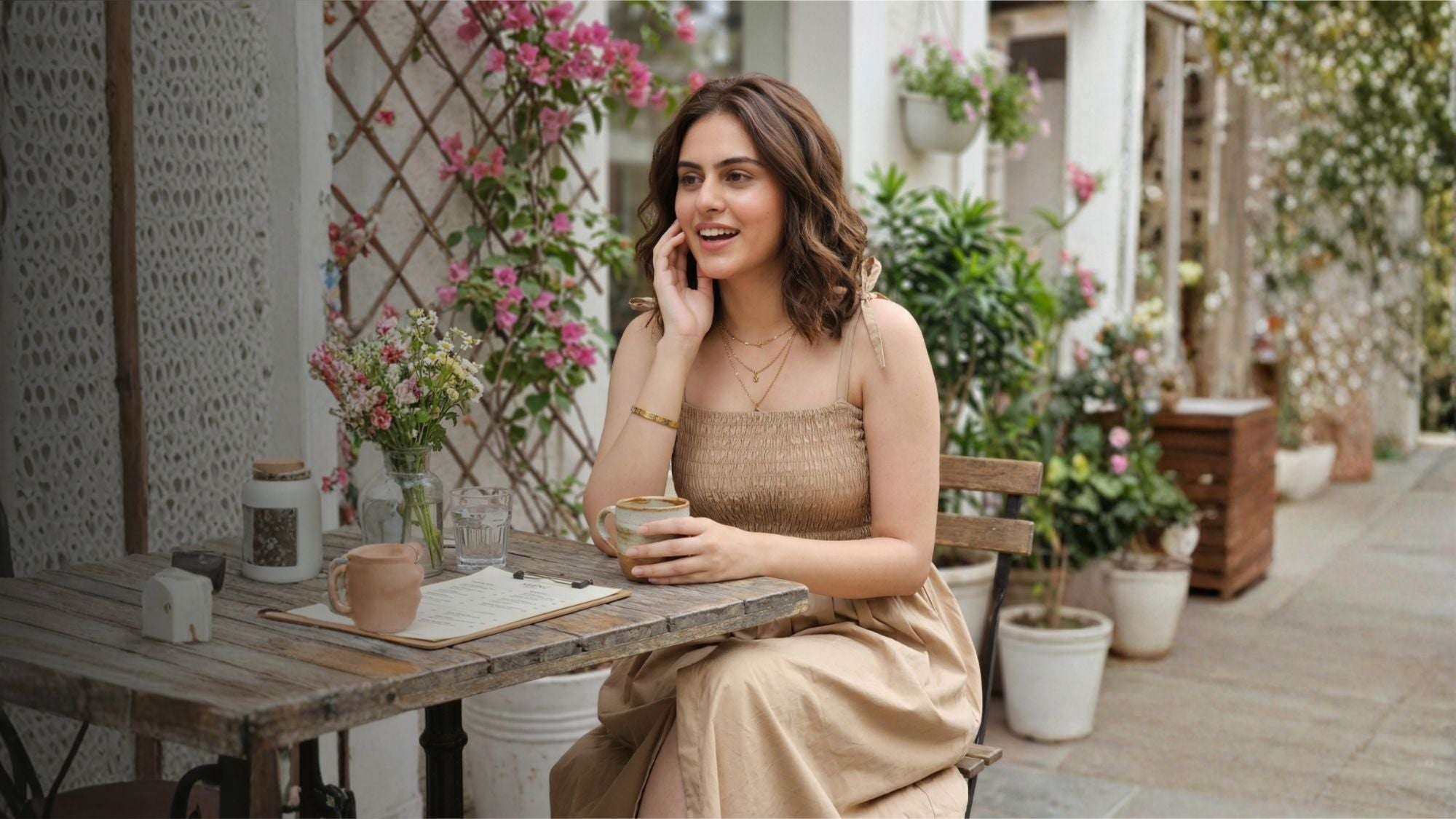 Woman sitting at a table outdoors wearing a Guilt & Class smocked midi dress