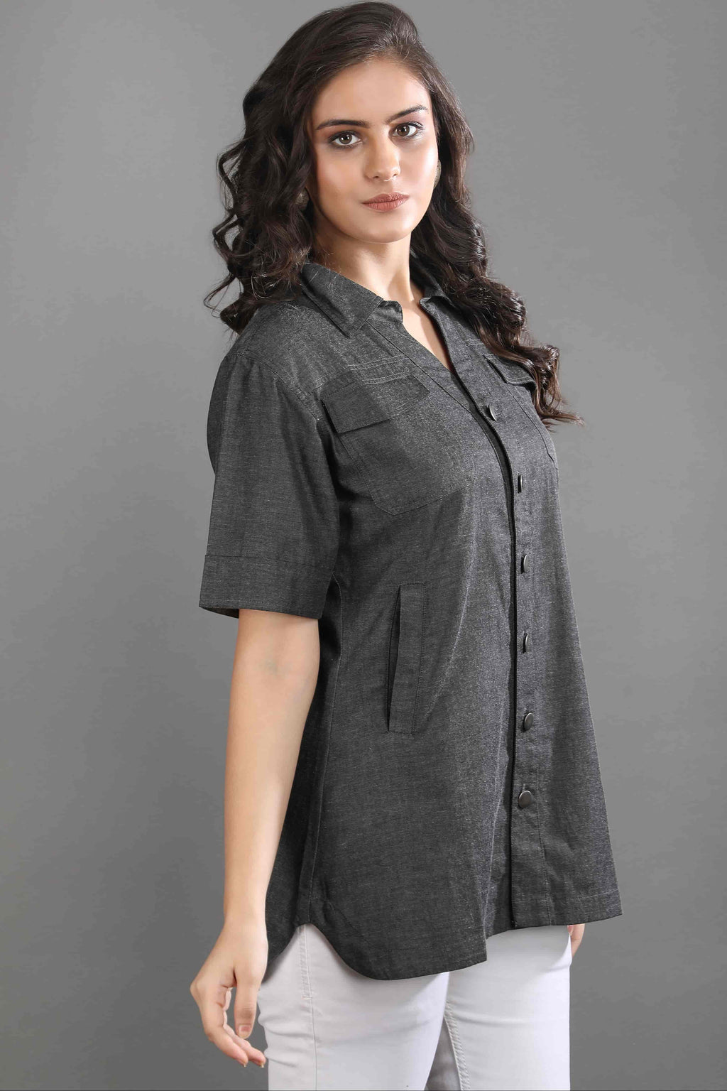 Styled view of the Ash in Form denim shirt by Guilt & Class, designed for effortless everyday wear and easy layering.