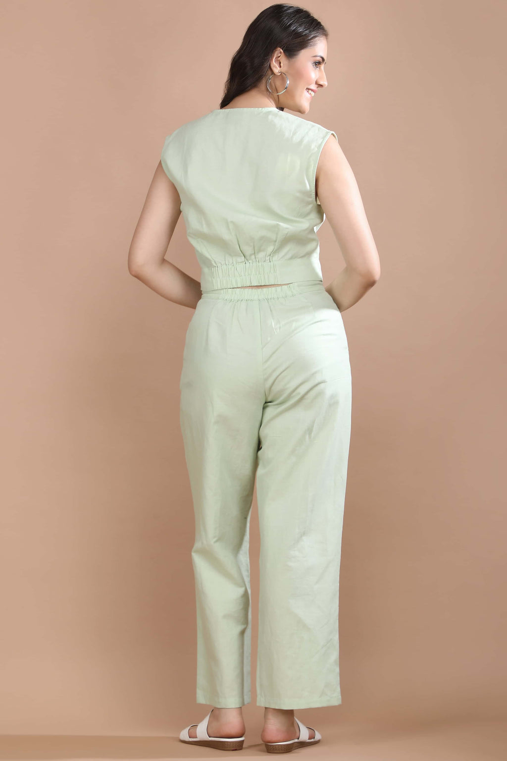 Back view of the Celadon Story co-ord set by Guilt & Class showcasing the relaxed fit and elasticated back detail