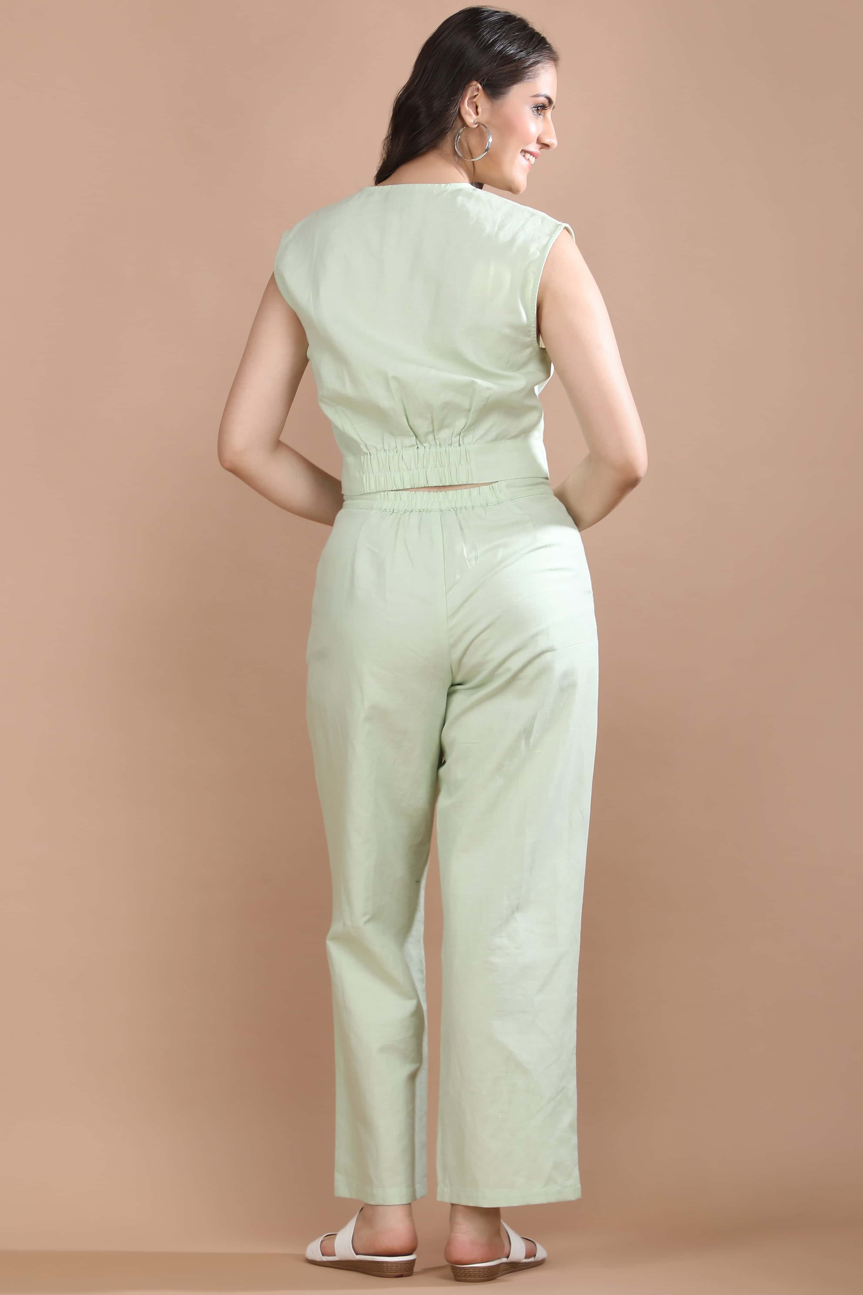 Back view of the Celadon Story co-ord set by Guilt & Class showcasing the relaxed fit and elasticated back detail