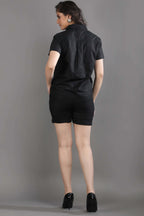 Back view of the Midnight Theory co-ord set by Guilt & Class, highlighting the structured shirt and tailored fit of the shorts.