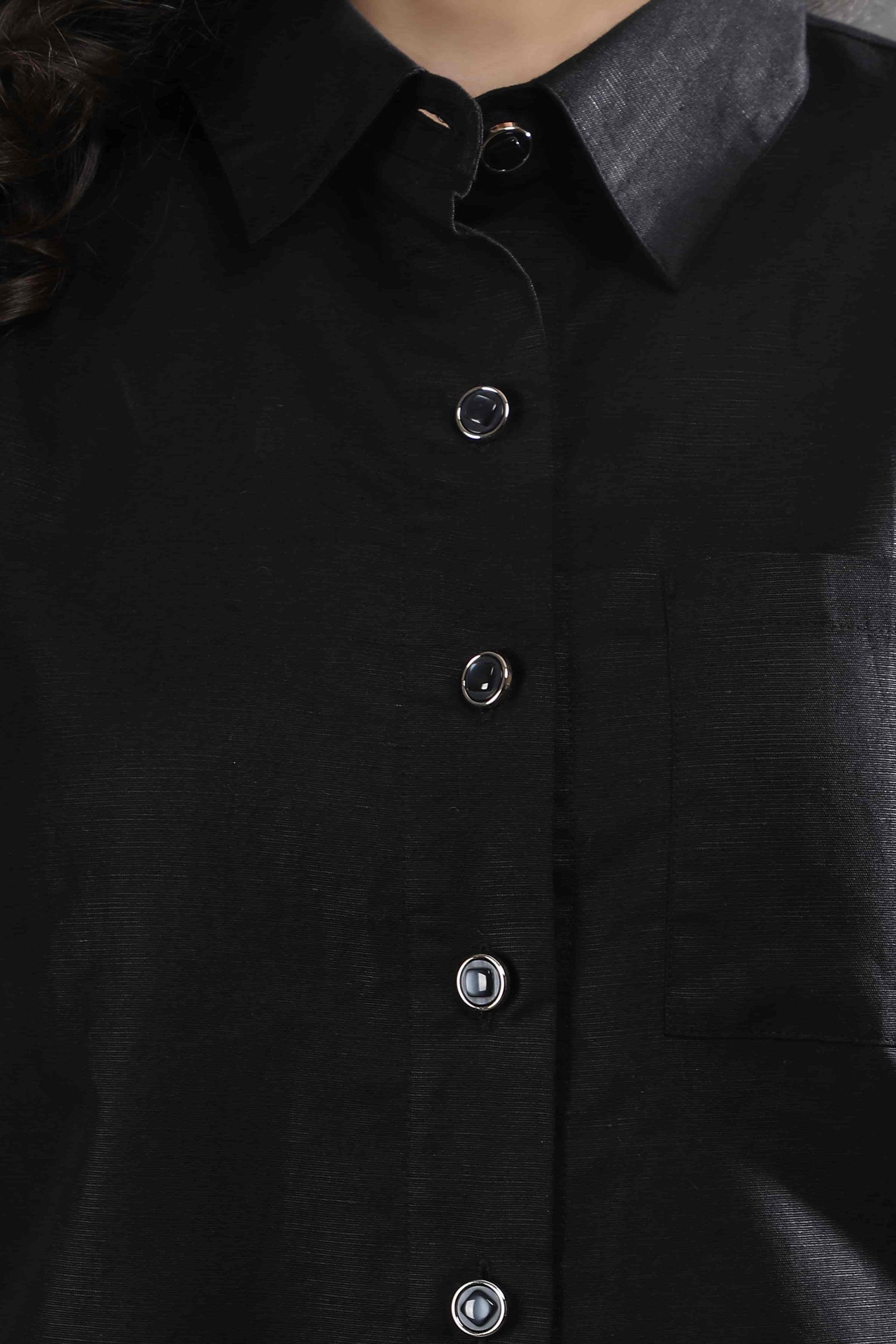 Close-up of the Midnight Theory co-ord set by Guilt & Class, showcasing the shirt’s minimal button detailing and refined cotton-linen texture.