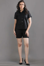 Front view of the Midnight Theory co-ord set by Guilt & Class, featuring a structured shirt and tailored shorts for a clean, modern silhouette.