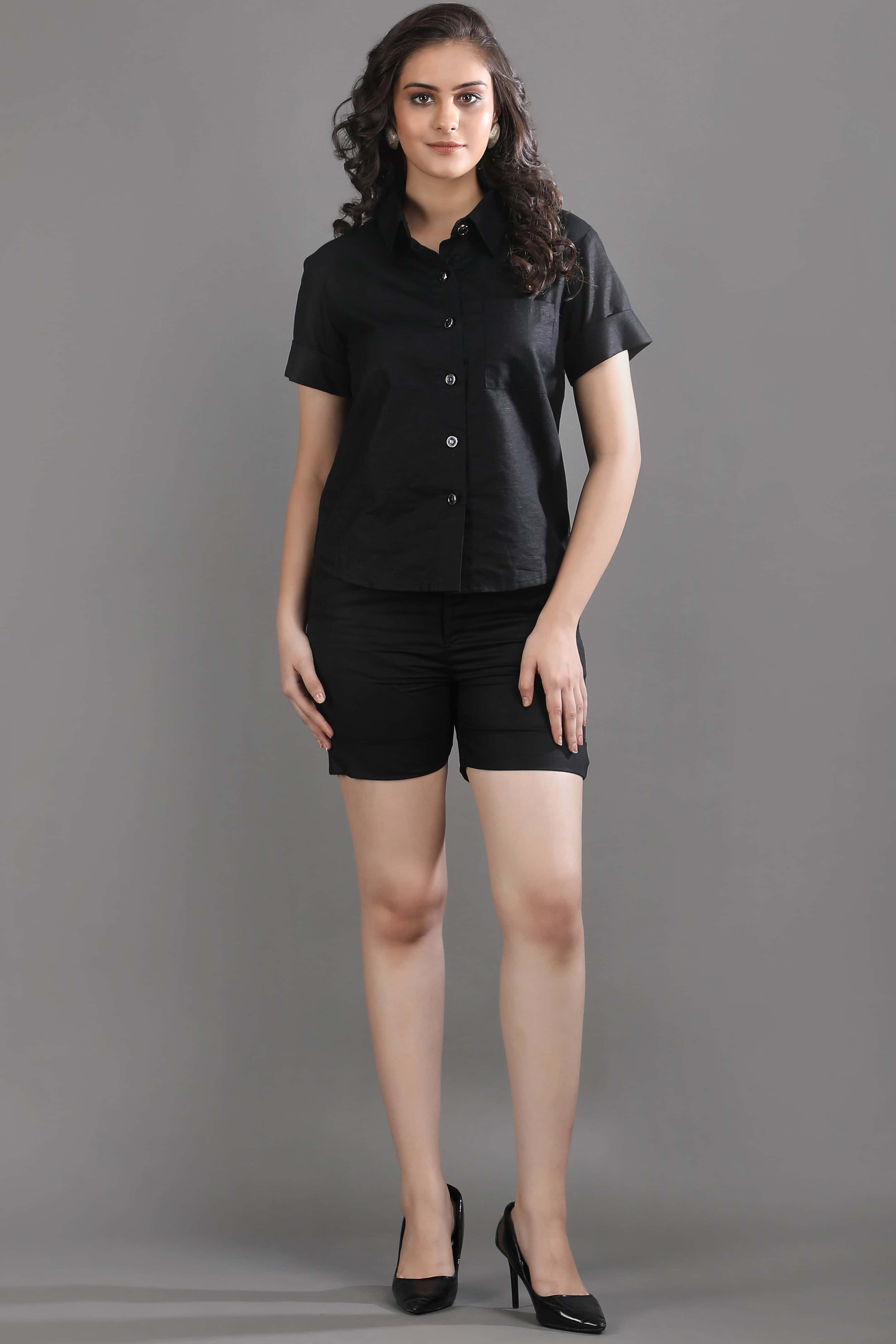 Front view of the Midnight Theory co-ord set by Guilt & Class, featuring a structured shirt and tailored shorts for a clean, modern silhouette.