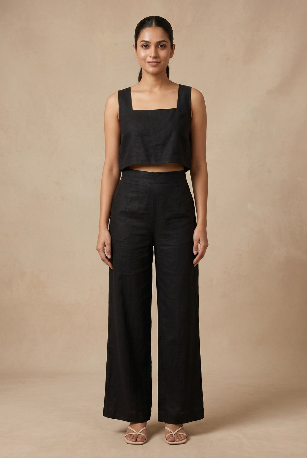 Relaxed view of the Noir linen co-ord set by Guilt & Class, designed for effortless day-to-evening wear.