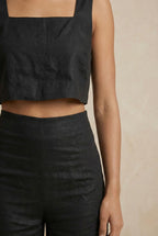 Close-up of the Noir linen co-ord top by Guilt & Class, highlighting the square neckline and cotton-linen texture.