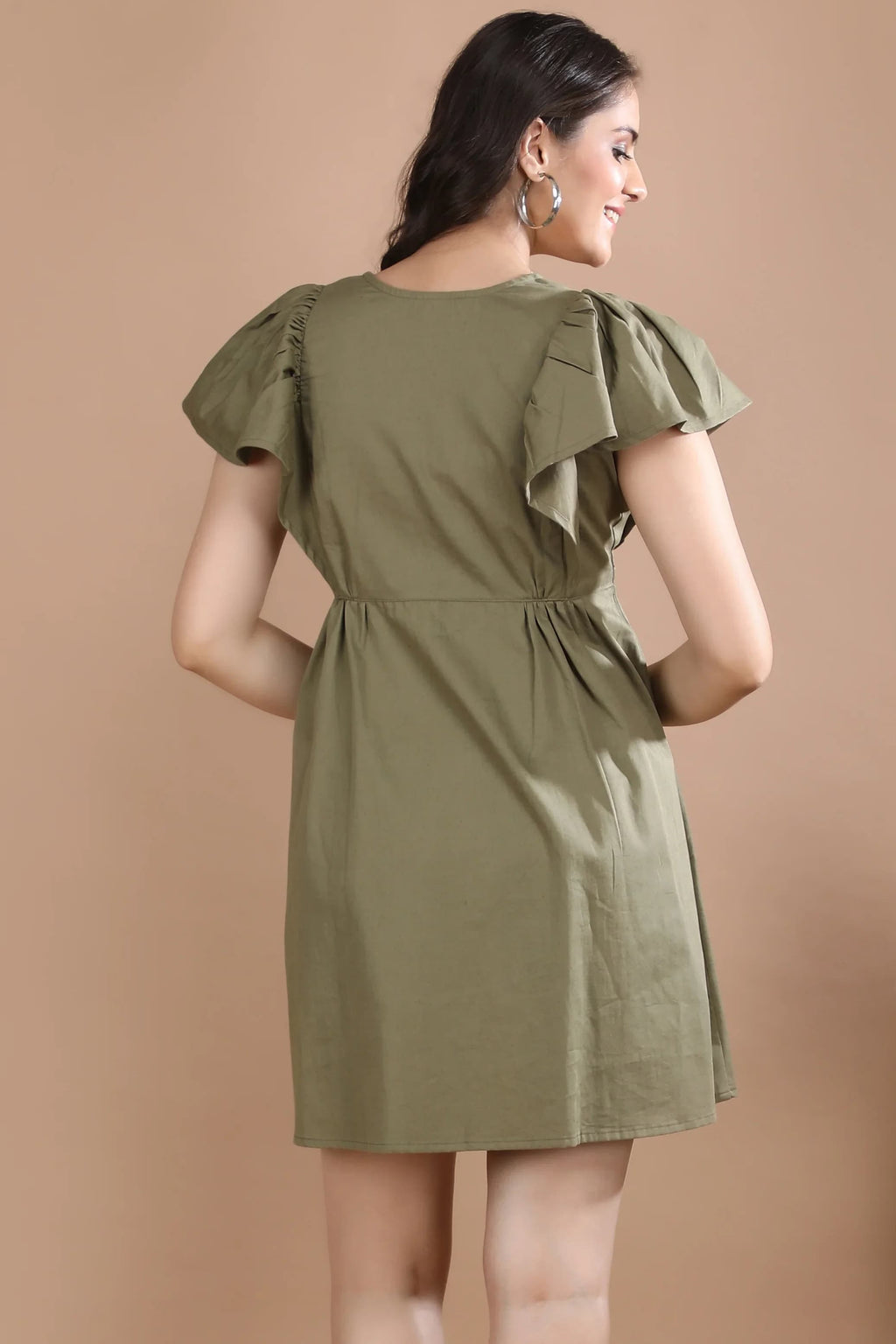 Back view of the olive green premium women's dress showing the elegant gathered waistline and smooth A-line drape.