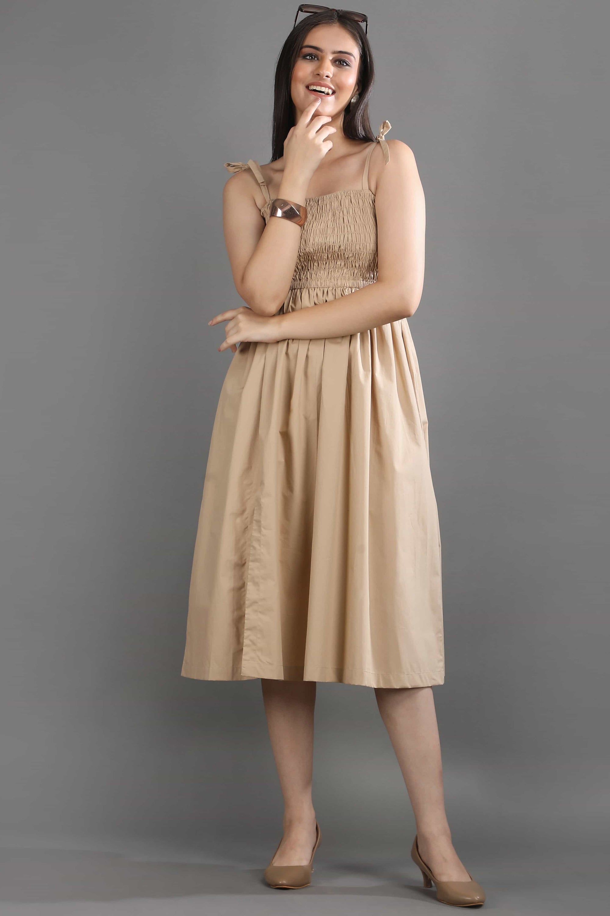 Alternate front view of the Second Skin midi dress by Guilt & Class, highlighting the smocked bodice, adjustable straps, and soft structured silhouette.