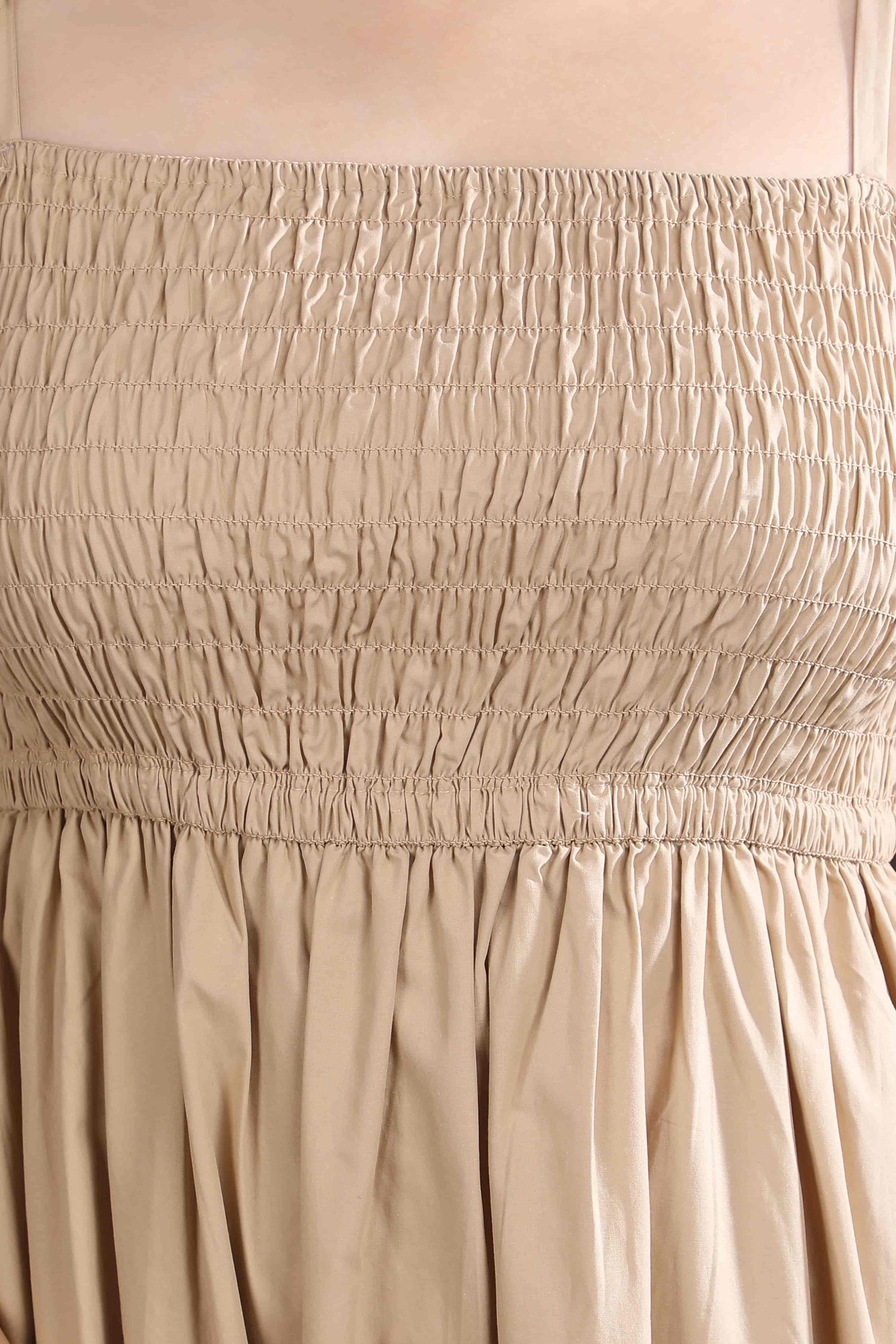 Close-up of the Second Skin midi dress by Guilt & Class, highlighting the smocked bodice and soft textured cotton fabric.